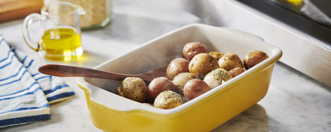 A lovely little dish of microwaved little potatoes.