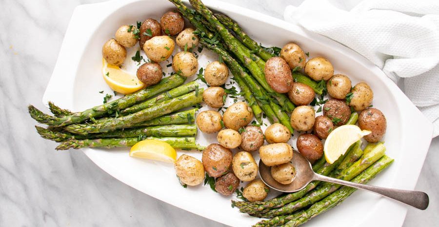 A nice platter of Lemon Herb Roasted Potatoes and Asparagus.