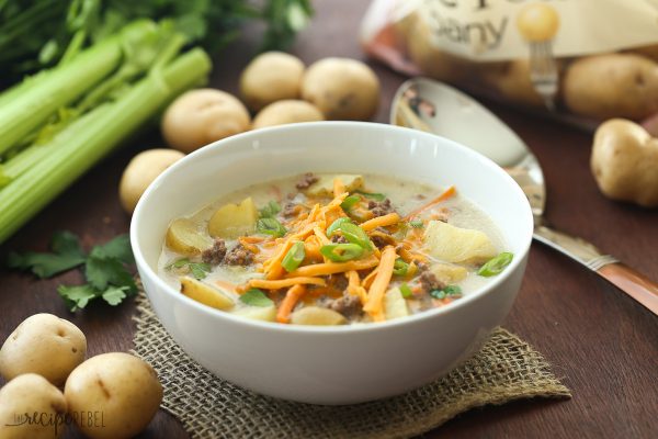 Slow cooker soup in a bowl.