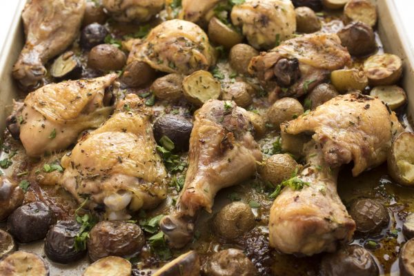 A sheet pan of delicious rosemary chicken.