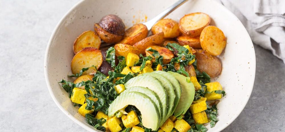 A bowl of vegan potato breakfast hash.