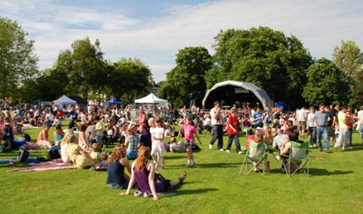 A group of people hosting a community event outside on the grass.